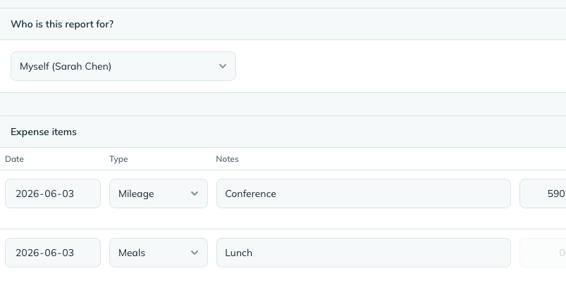 The Expenses module showing an expense report with itemized entries, amounts, and approval status.
