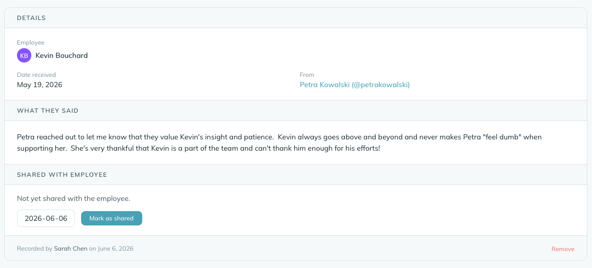 The Kudos module showing a list of recognition entries with notes and employee attribution.