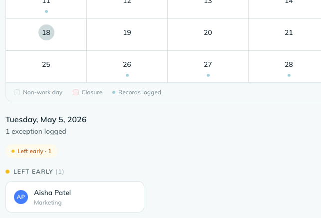 The Presence module showing a monthly calendar with attendance dots and a daily roster below listing who's in, remote, or on leave.