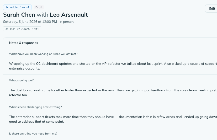 A touchpoint record showing a structured discussion form with action items and employee history.
