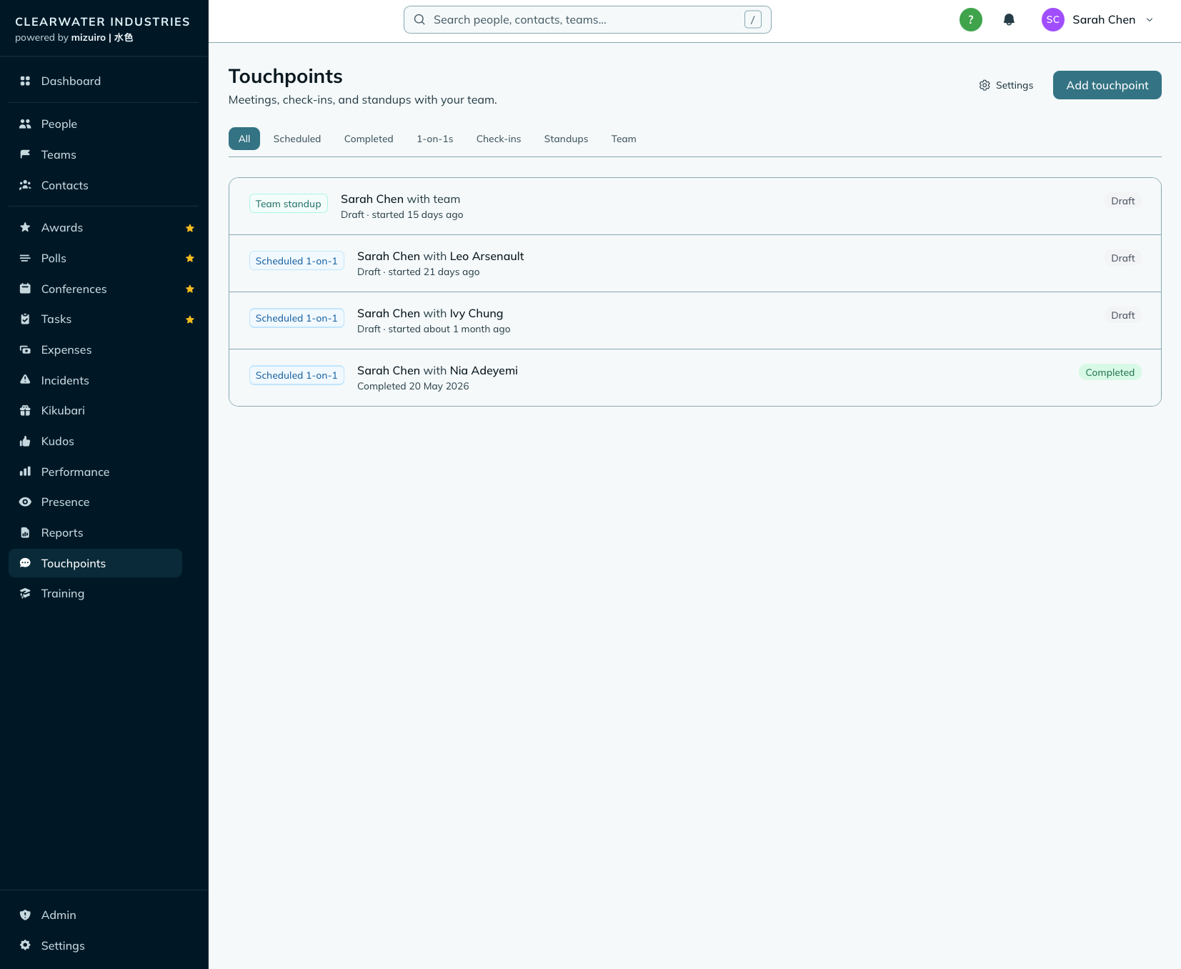 A touchpoint meeting record with customizable questions and frequency.