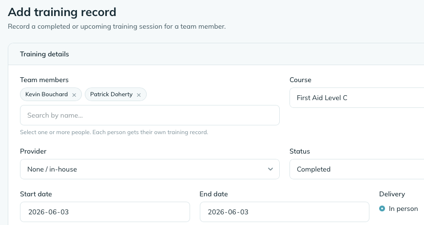 The Training module showing a list of training records with course names, completion status, and scores.
